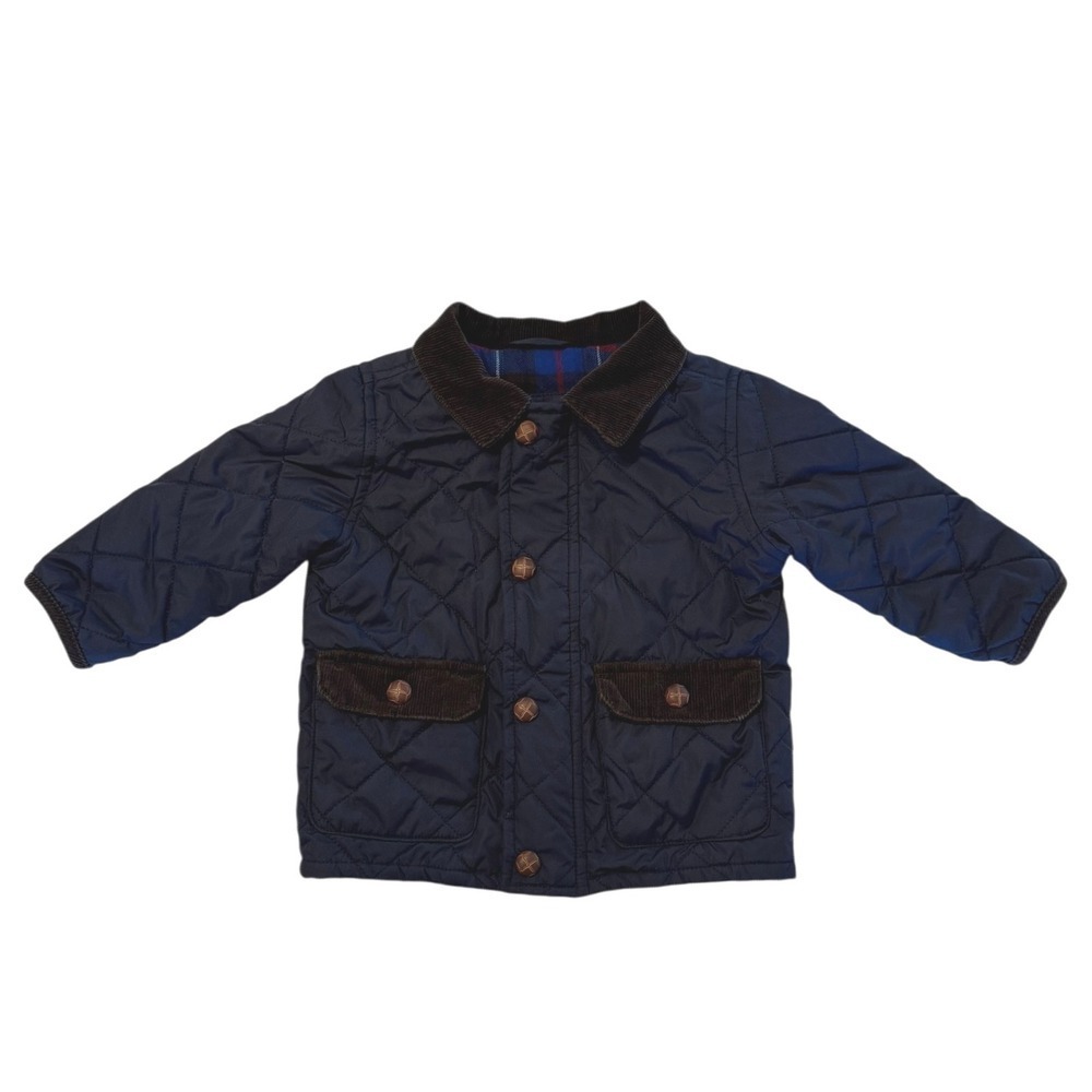 Gap Baby Boys Size 6-12M Quilted Navy Blue Jacket Corduroy Collar Plaid Lining